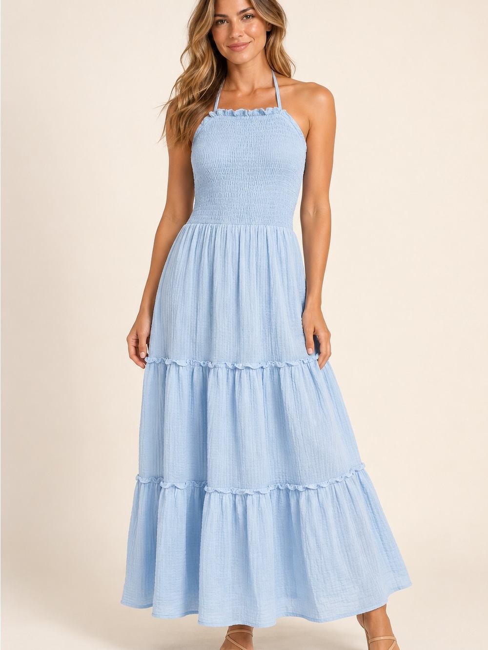Light Blue Smocked Halter Maxi Dress size medium nwt